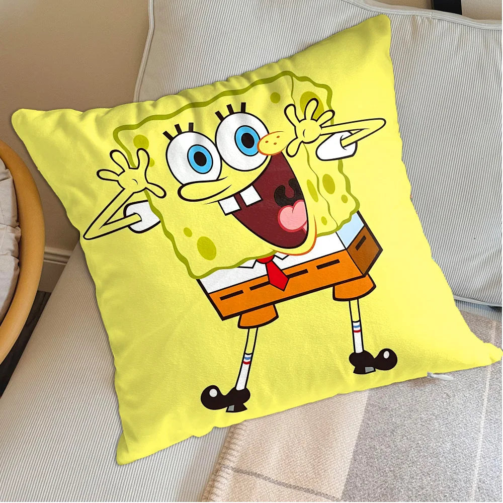housse coussin carrée jaune motif bob l'éponge cartoon décoration salon lit fauteuil enfant