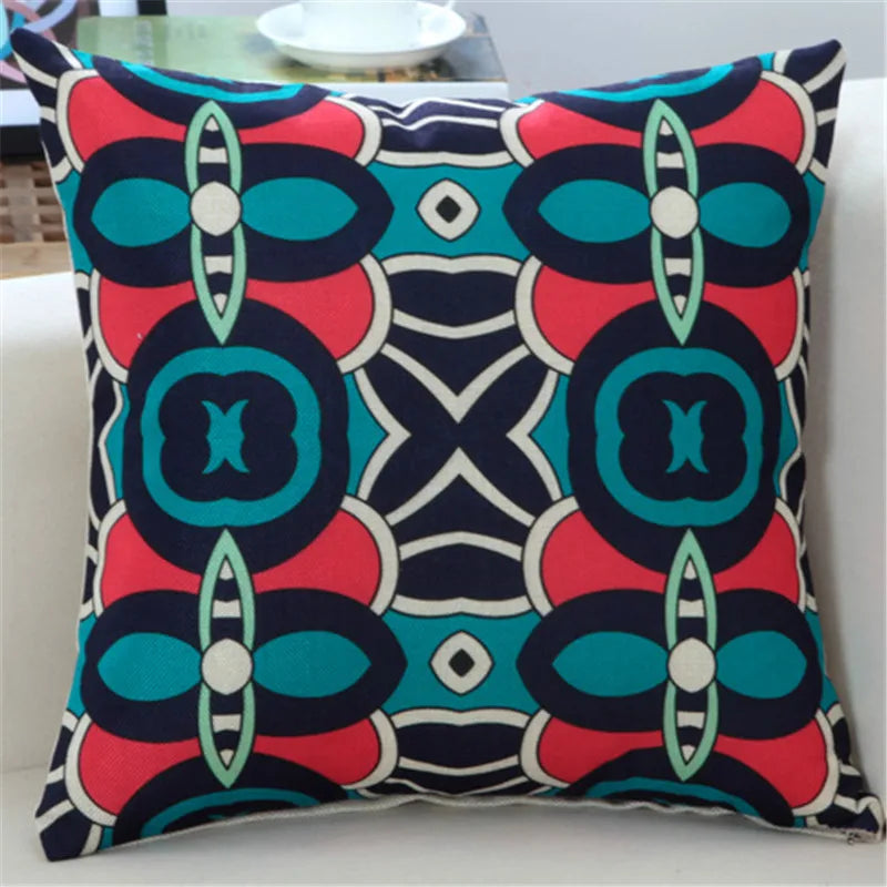 housse coussin imprimée moderne motifs géométriques bleu rouge noir 45x45cm
