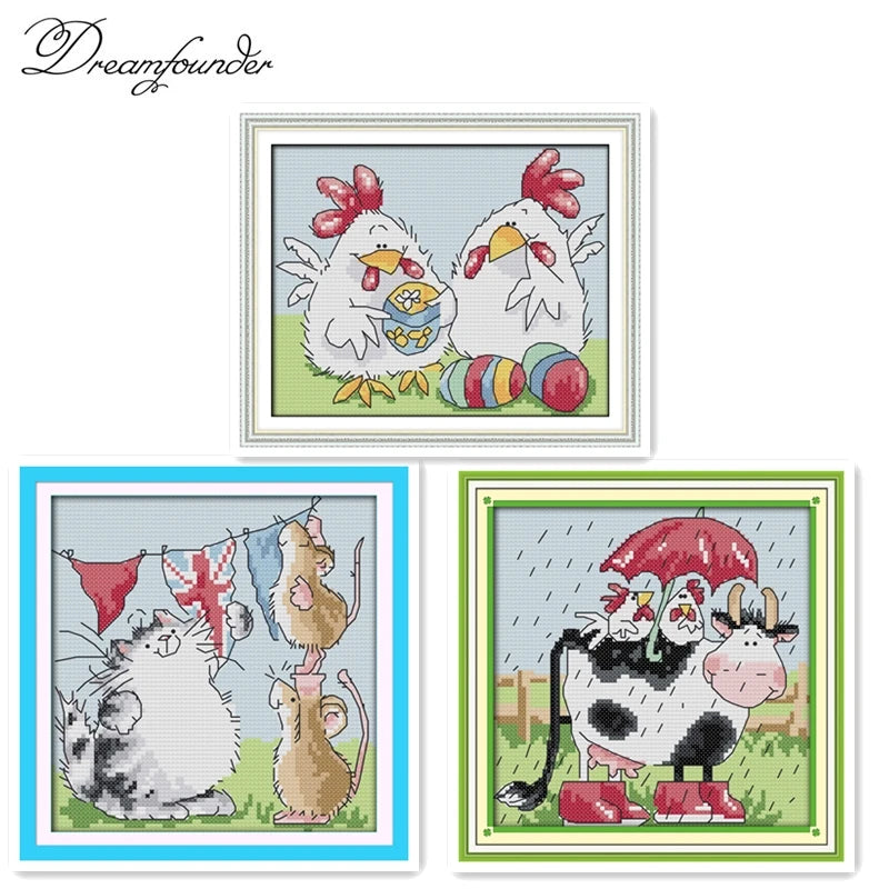 broderie point croix animaux vaches poules dessin fil coton instructions toile imprimée travaux aiguille