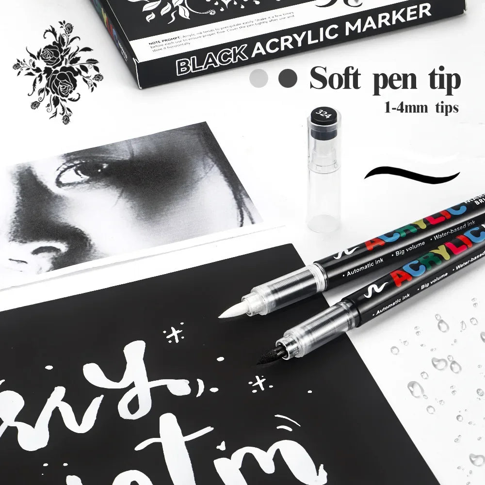 stylos marqueurs acrylique noir blanc floral brush ensemble 12 stylos boîte rangement