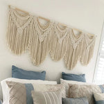 tapisserie macramé bohème franges géométriques beige clair mur décoration artisanal coton lavage main