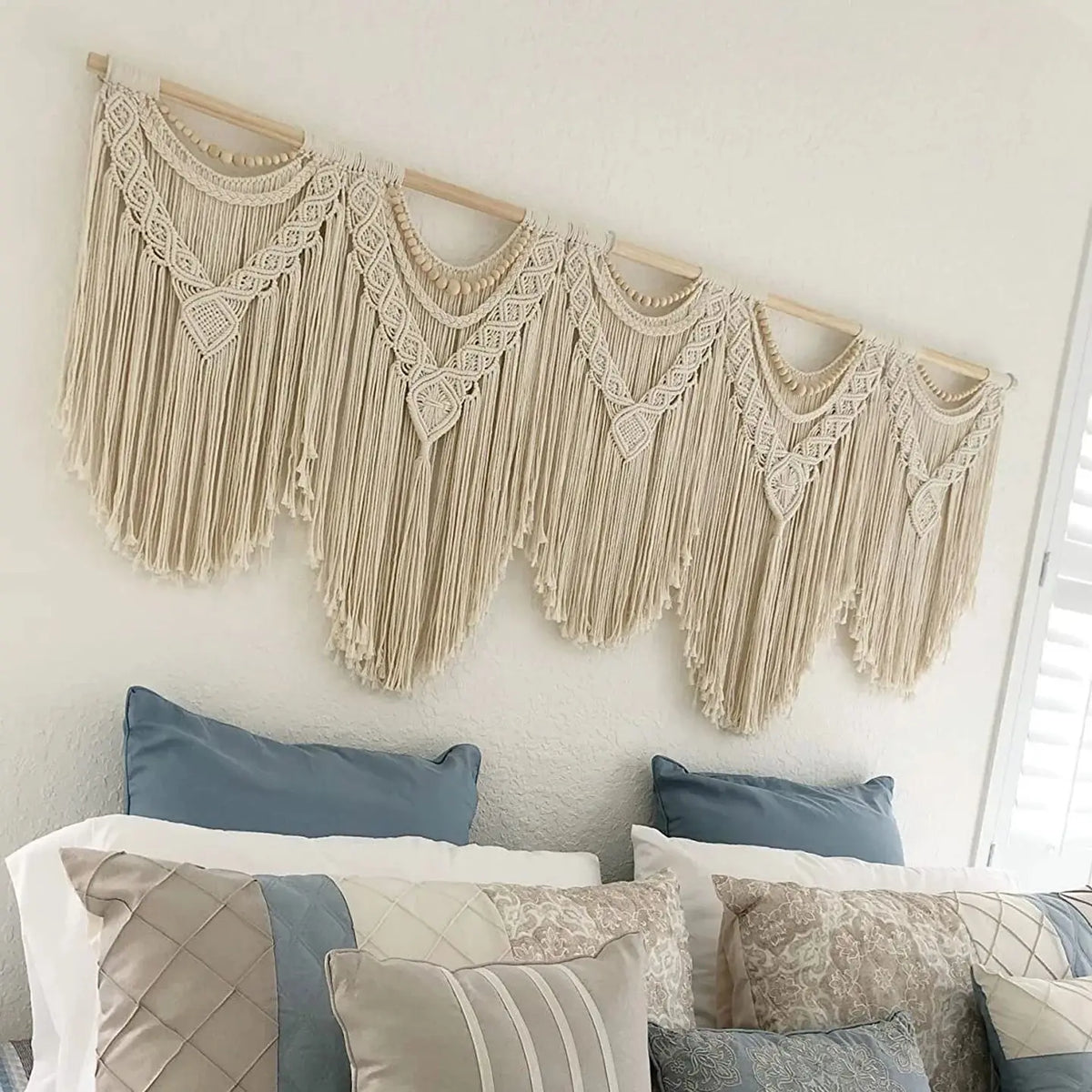 tapisserie macramé bohème franges géométriques beige clair mur décoration artisanal coton lavage main