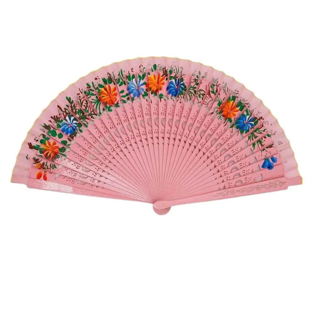 éventail pliant tissu floral bois ajouré motifs gravés couleur rose rouge traditionnel decoratif