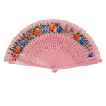 éventail pliant tissu floral bois ajouré motifs gravés couleur rose rouge traditionnel decoratif