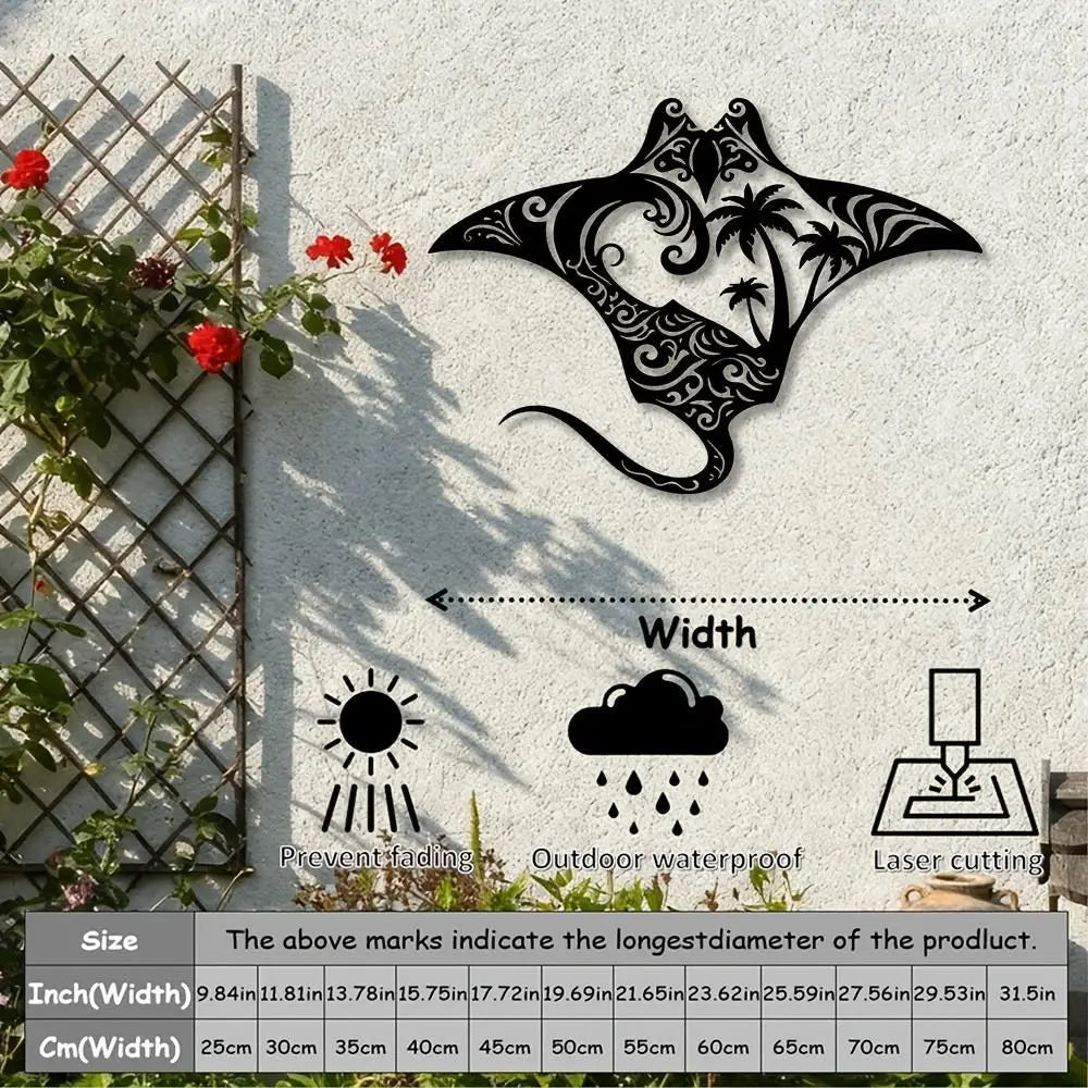 décoration murale plaque métal noir manta ray palmiers motifs floraux moderne tribal