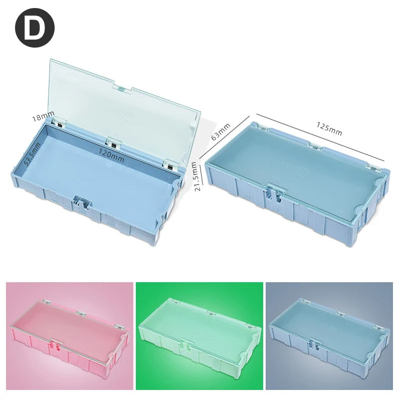 boîtes rangement électroniques vert rose bleu clips fermeture pratiques modernes