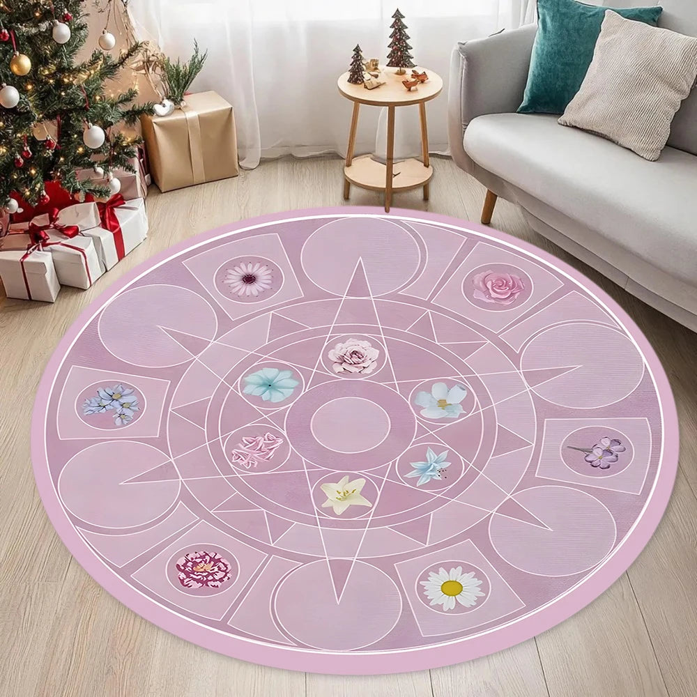 tapis rond moderne floral géométrique alchimique rose clair noir jaune blanc 80x80cm