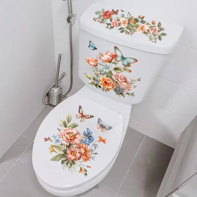 autocollant floral moderne toilette blanc facile poser nettoyer adhésif fleuri