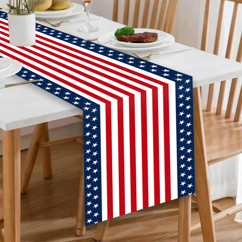 table runner polyester rouge blanc bleu motifs rayés étoiles drapeau américain anniversaire fête indépendance