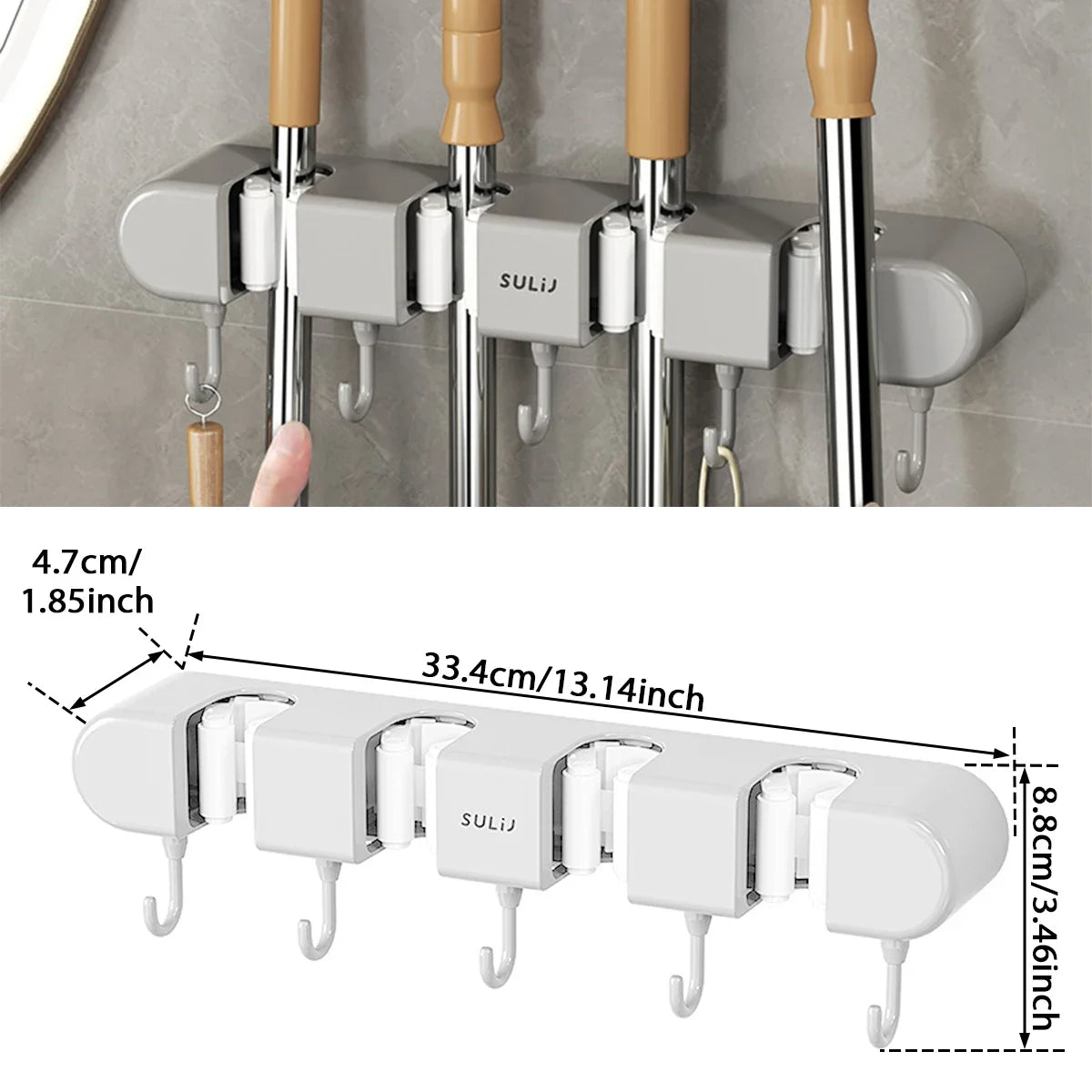 organisateur mural gris outils nettoyage crochets serpillères balais minimaliste autoadhésif