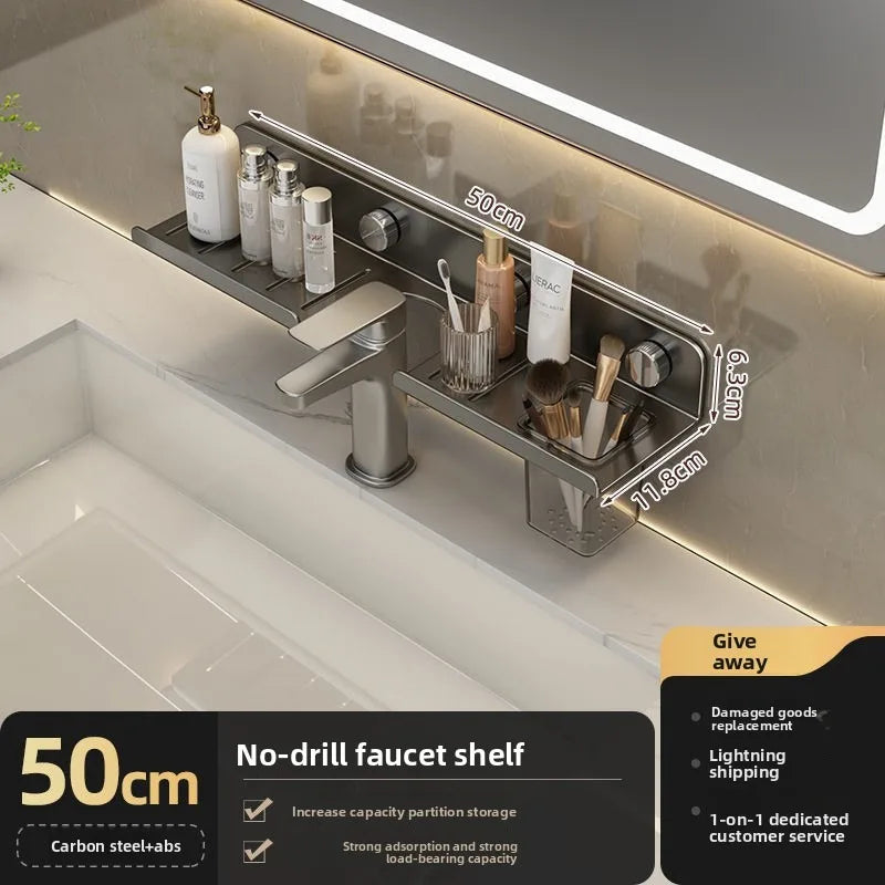 étagère robinet noir doré moderne succion sans perçage 50cm cosmétiques bouteilles lisse brillant