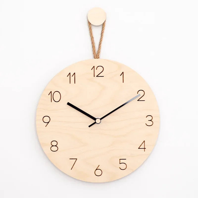 horloge murale bois naturel aiguilles feuilles gravure enjoy your time cordelette vintage circulaire