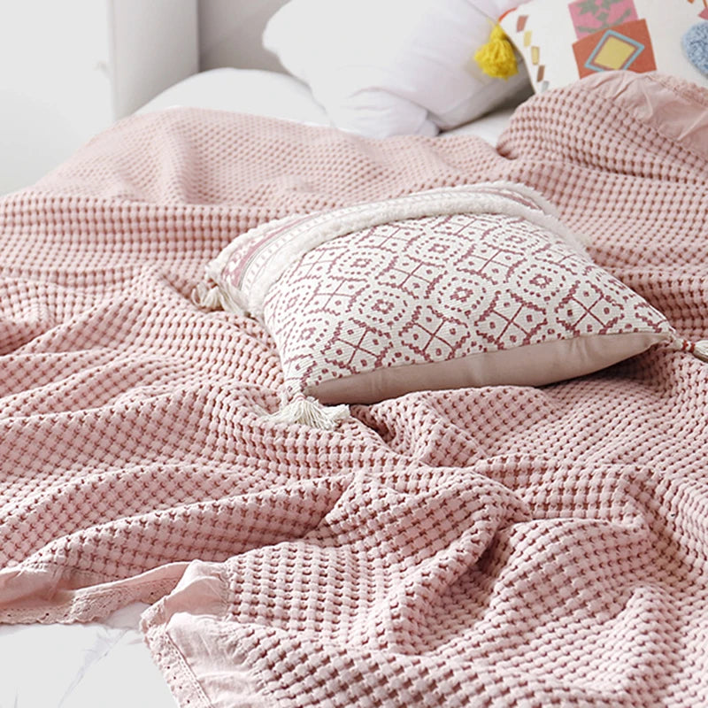 plaid coton doux solide rose clair tissage points moderne portable anti boulochage pique nique
