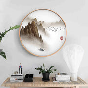cadre photo rond bois clair rouge noir decoration murale minimaliste asiatique tableau montagnes fleurs