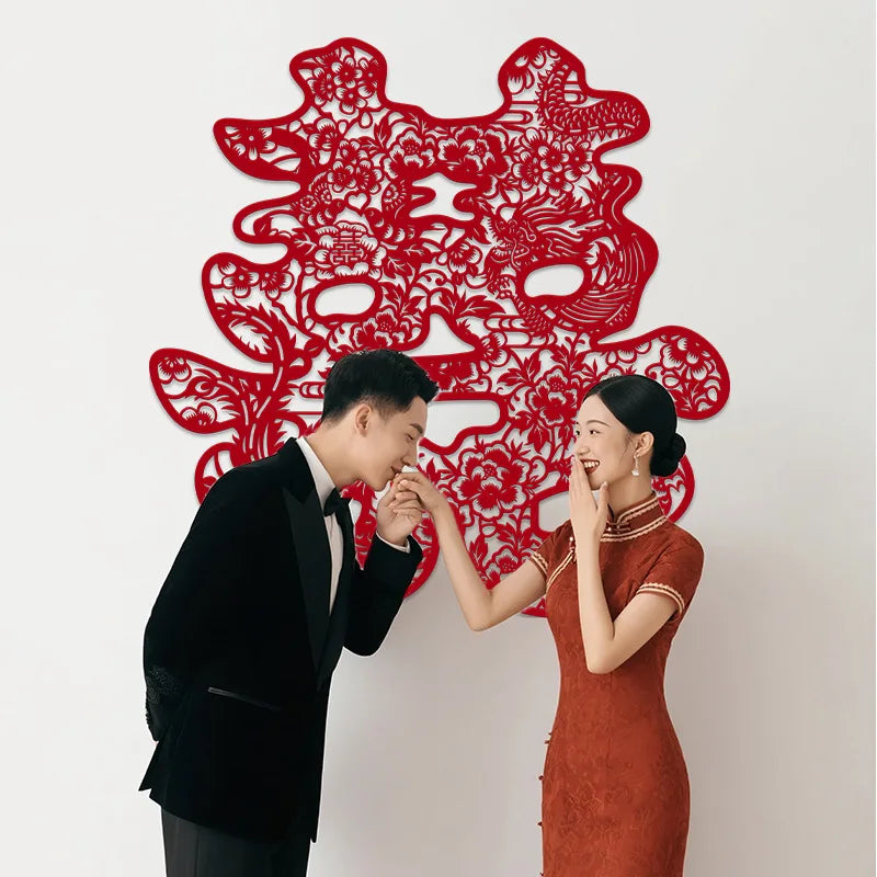 décoration murale mariage papier découpé artisanal motifs floraux rouge adhésif traditionnel chinois