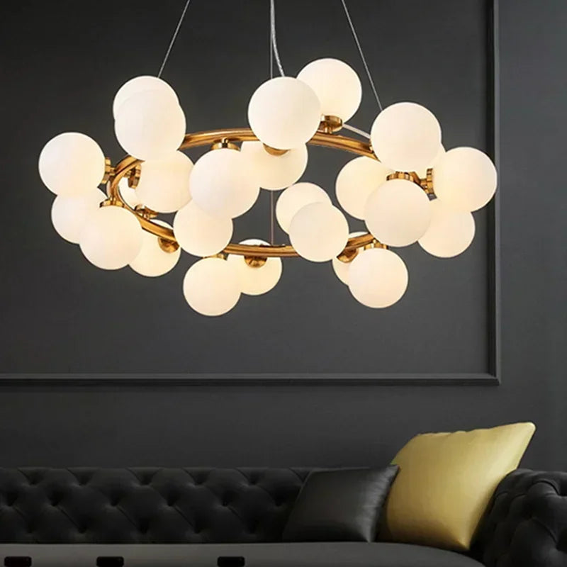 suspension moderne boules translucides blanc doré noir led restaurant salon bar