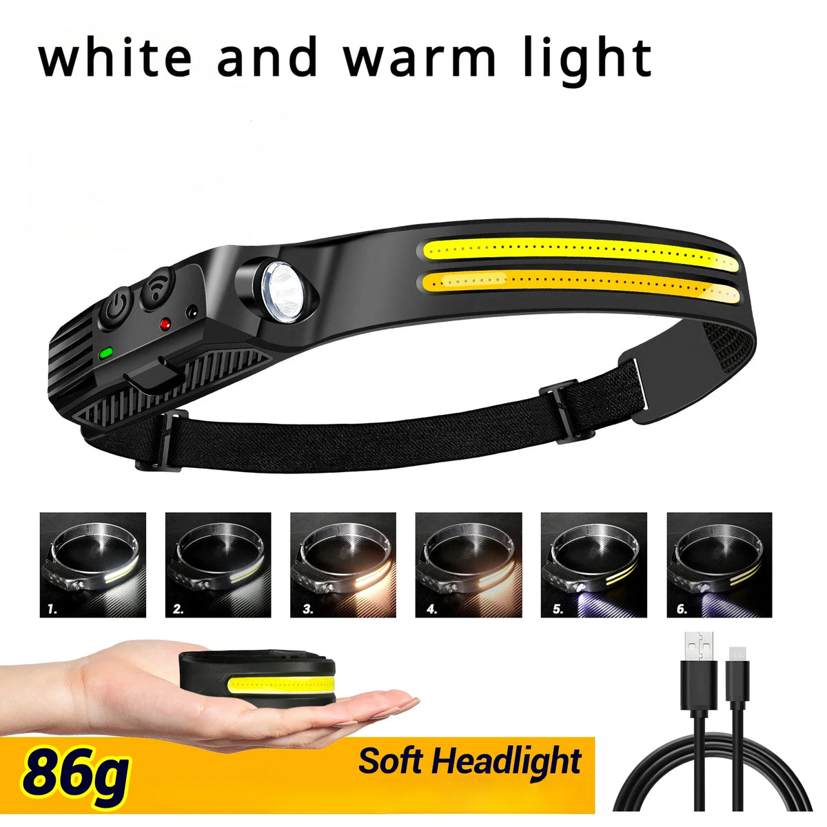 lampe frontale rechargeable led noir jaune blanc rayures moderne compact ceinture camping