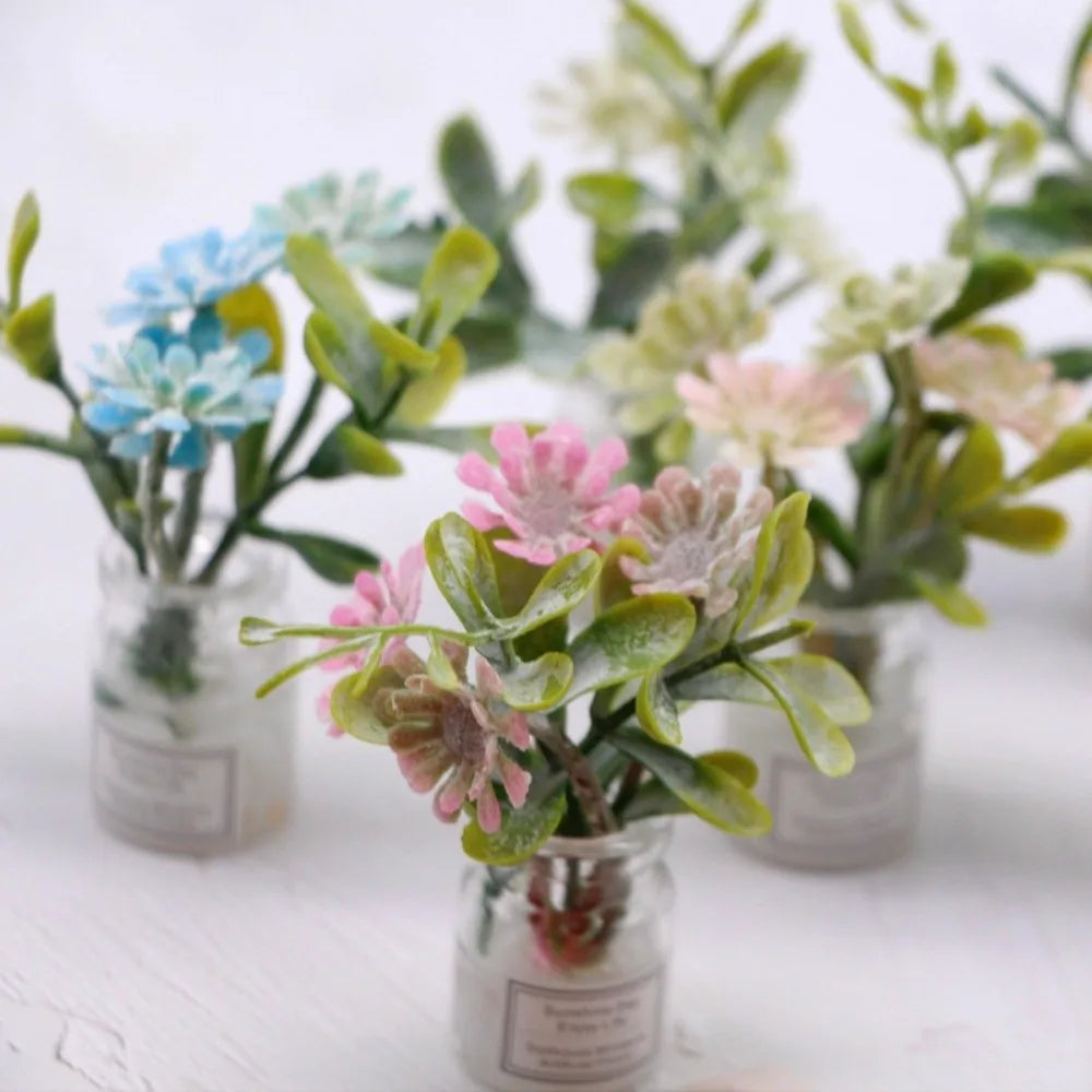 fleurs artificielles miniature verre transparent divers motifs floraux pot petite pierre étiquetteextérieur nature