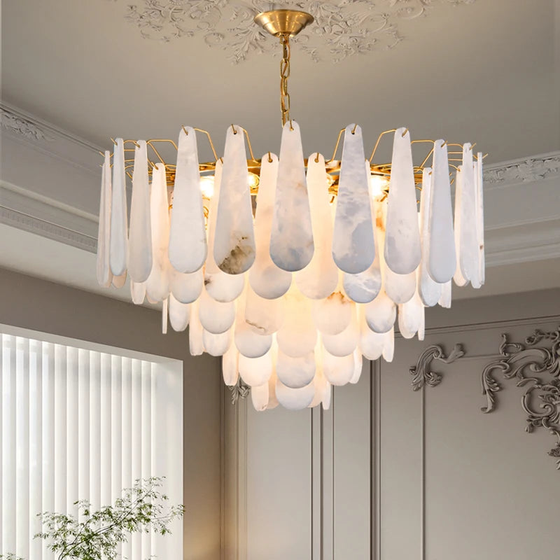 lustre suspension moderne marbre blanc doré luxe salon salle manger chambre élégant