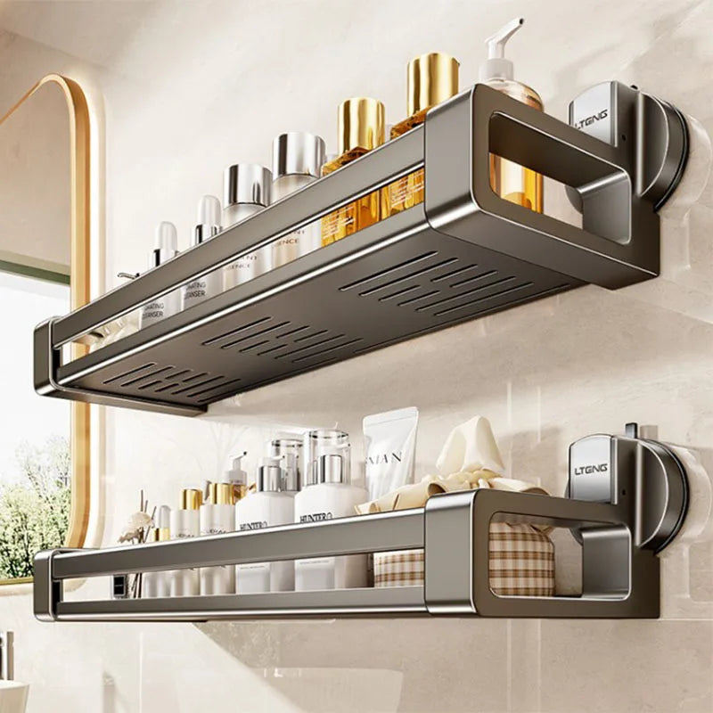 étagère salle bain argentée suction cup moderne minimaliste rangement bouteilles cosmétiques serviettes accessoires