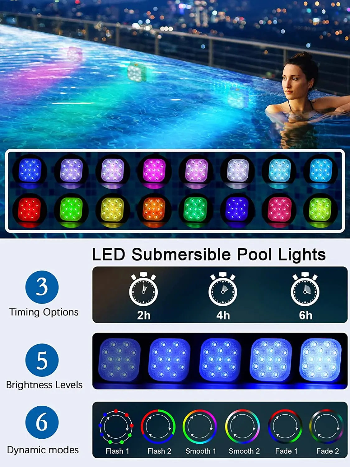 lumière sous marine led piscine color changing télécommande autonome blanc rouge vert bleu moderne