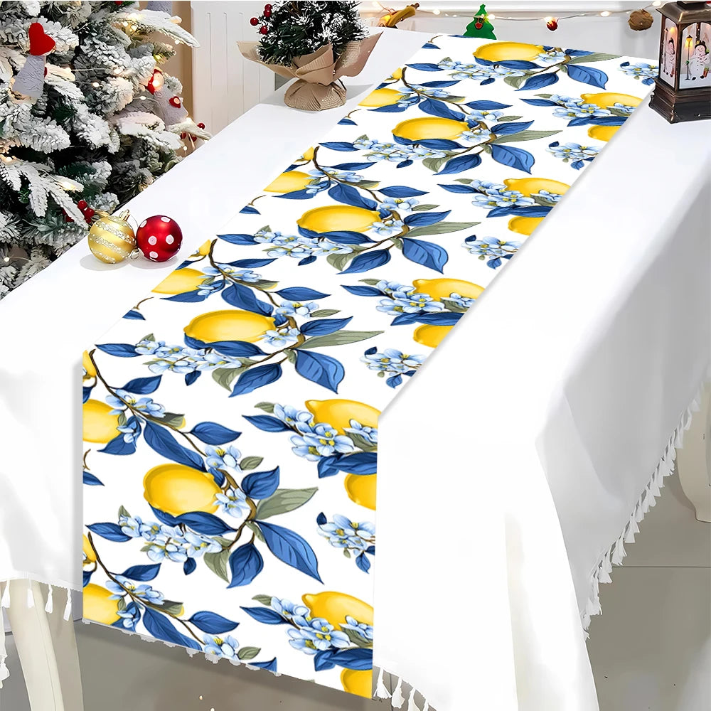 tableau chemin table fleurs citrons feuilles bleues blanc printemps été fêtes occasions spéciales polyester