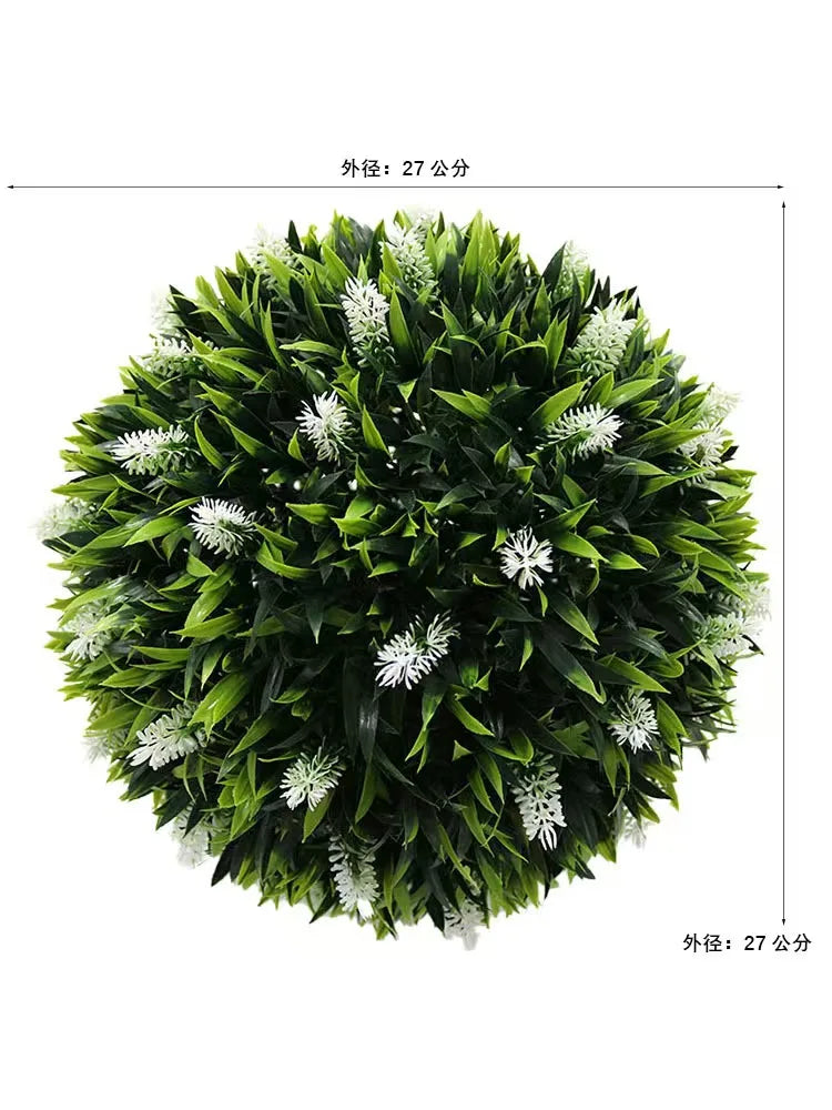 boule artificielle fleurs vertes violettes moderne décoration extérieure herbe accrochée exposée mariage festivités
