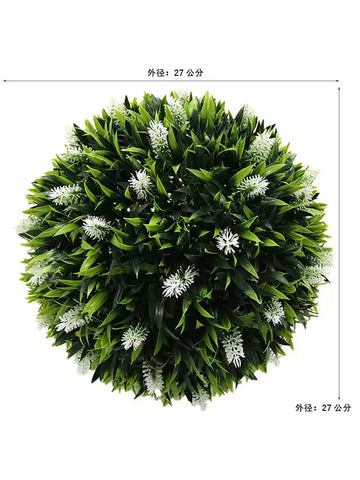 boule artificielle fleurs vertes violettes moderne décoration extérieure herbe accrochée exposée mariage festivités