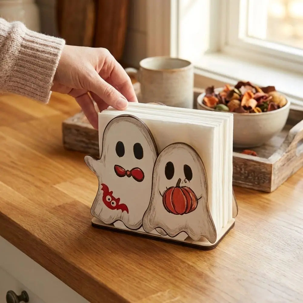 support serviettes halloween fantômes citrouille chauve souris décoration festive blanc orange rouille