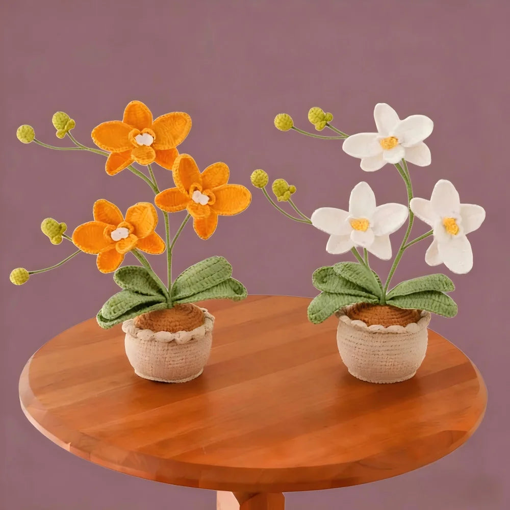 fleur artificielle tricotée orange blanc jaune bleu violet décoration maison artisanale tricotée