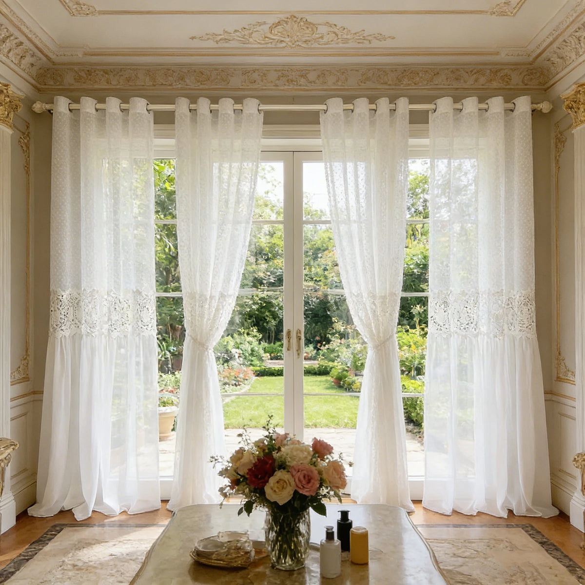 rideau blanc transparent dentelle classique anneaux chambre farmhouse