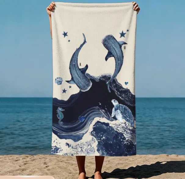 serviette plage polyester fleurs marine dauphins coraux rayures bleu clair moderne océan voyage été