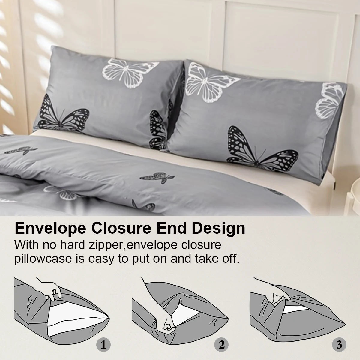 housse couette papillons noirs blancs moderne gris clair taies oreiller ensemble literie polyester