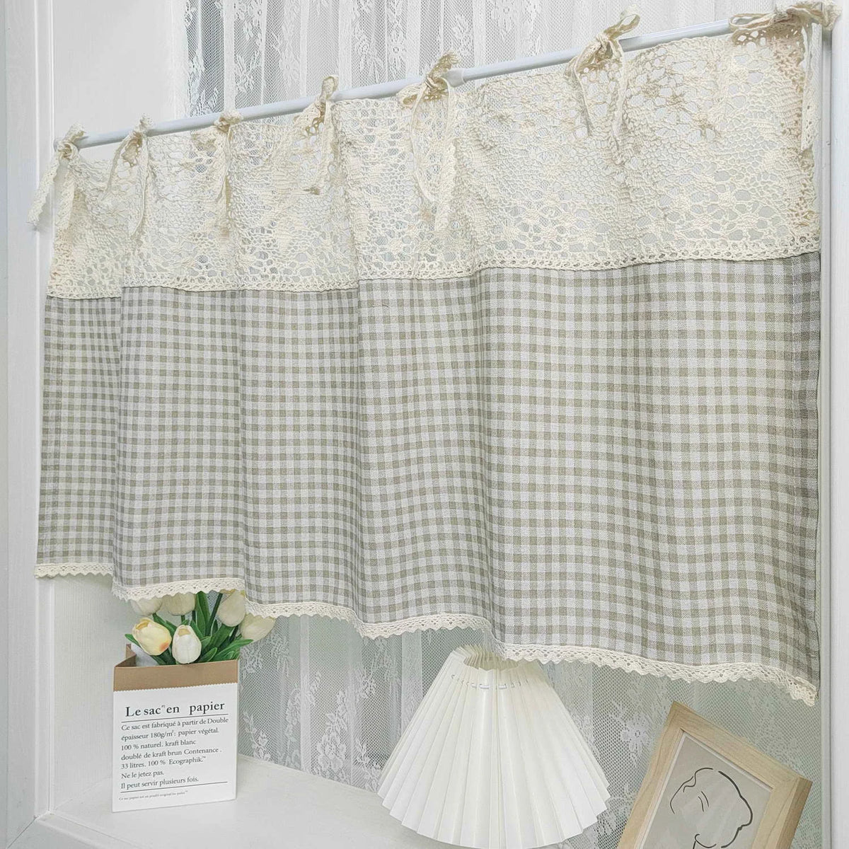 rideau fenêtre maison opacité beige gris carreaux dentelle vintage rustique