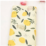 tissu coton imprimé citrons feuilles chats illustration simple vert olive marron blanc beige clair