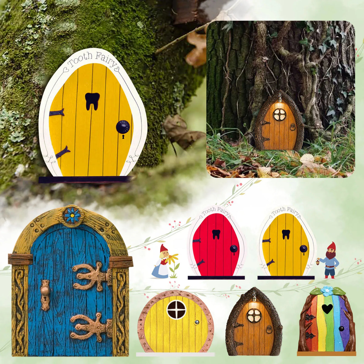 porte fée résine jaune rouge bleu arc ciel texture bois fantaisie extérieure décoration jardin