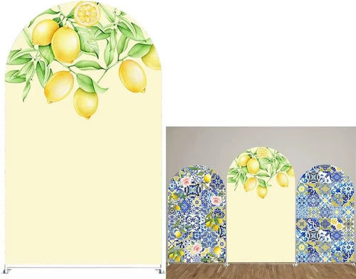 rideau fond arqué décoratif motif citron jaune bleu fête anniversaire studio photo