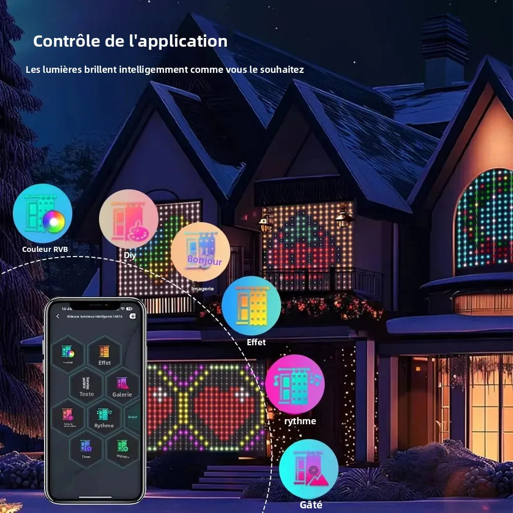 rideau lumineux led multicolore motifs modernes télécommande application mobile