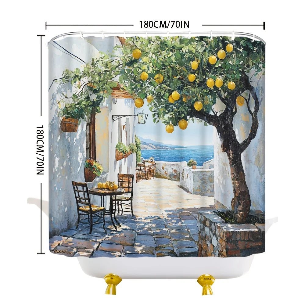 rideau douche polyester scène méditerranéenne citronnier mer décor élégant vert jaune blanc bleu marron