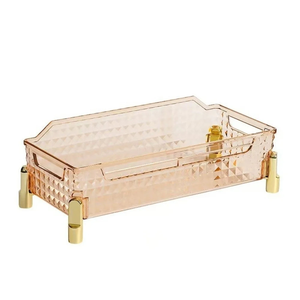 plateau rangement transparent moderne motifs diamants vintage pieds dorés boîtes cosmétiques flacons parfum diffuseur