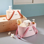 panier rangement salle bain blanc cassé gris rose poignées pliables petits trous moderne minimaliste