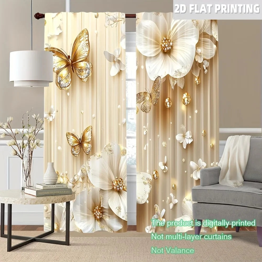 rideau imprimé papillon doré moderne élégant résistant l'eau 100% polyester beige doré blanc fleurs