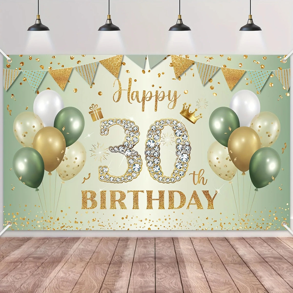 fond fête anniversaire vert doré imprimé brillant ballons confettis couronnes cadeaux corde fixation 125x80cm