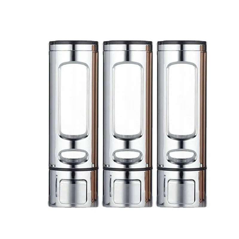 distributeur savon liquide or argent blanc moderne finition métallique fenêtre transparente minimaliste vis