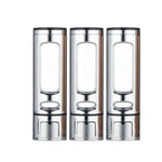 distributeur savon liquide or argent blanc moderne finition métallique fenêtre transparente minimaliste vis