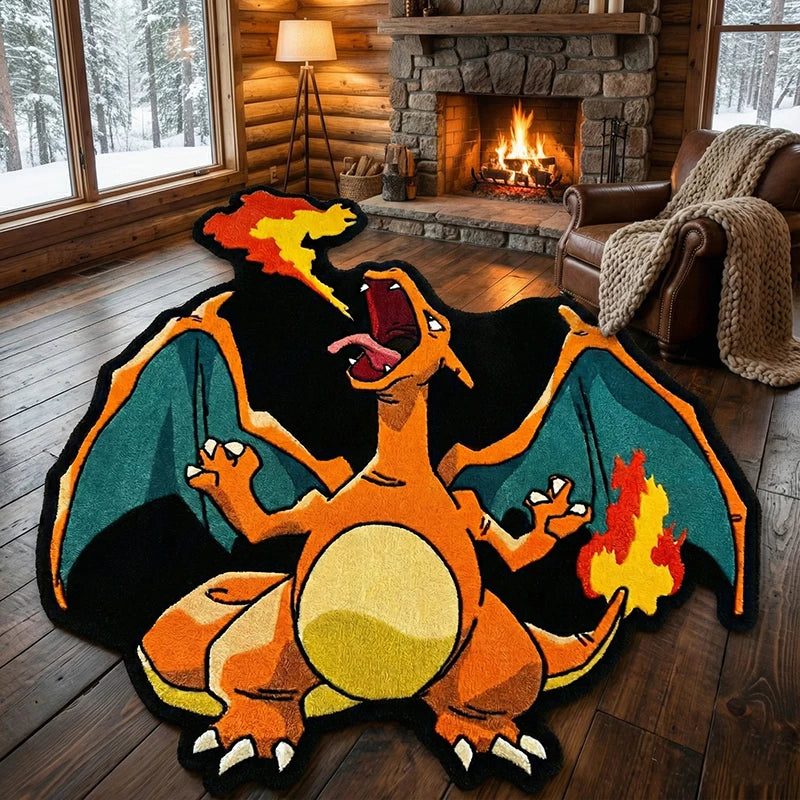 tapis pokémon charizard orange jaune noir bleu vert dessin animé velours salon jeu 80cm