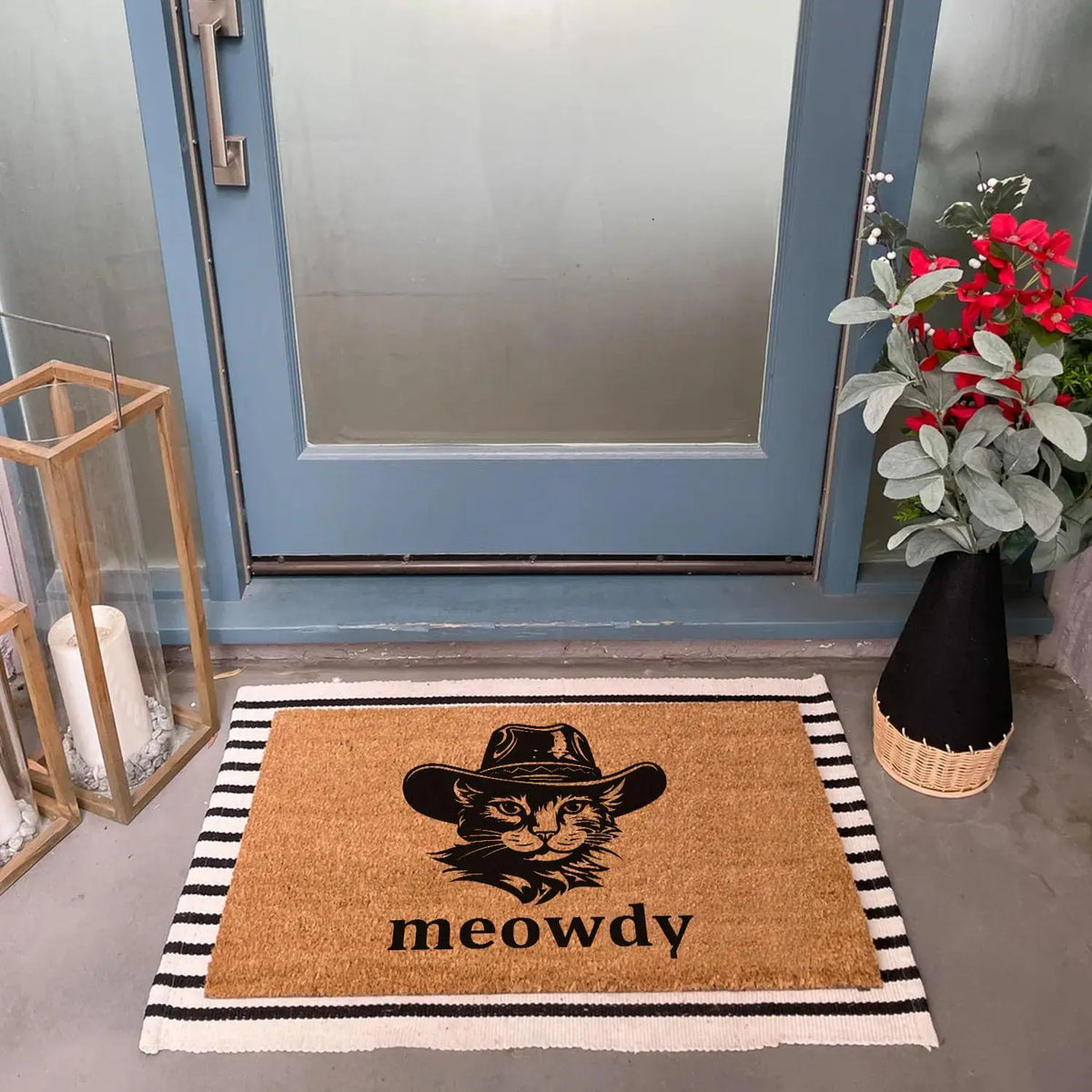 tapis d'entrée imperméable antidérapant marron clair motif chat chapeau meowdy extérieur humoristique