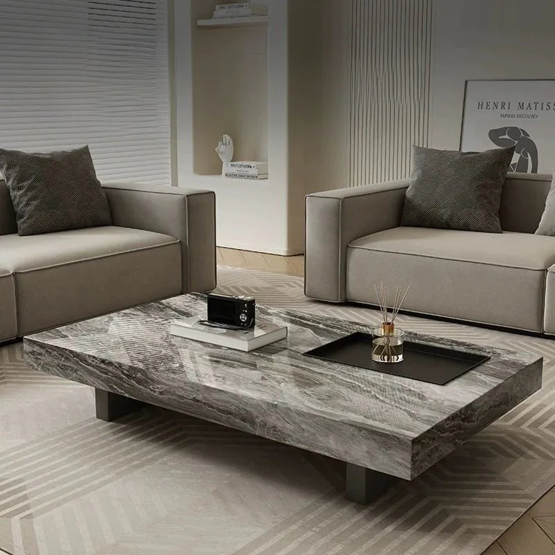 table basse moderne marbre blanc noir tiroir plateau amovible acier inoxydable minimaliste salon maison
