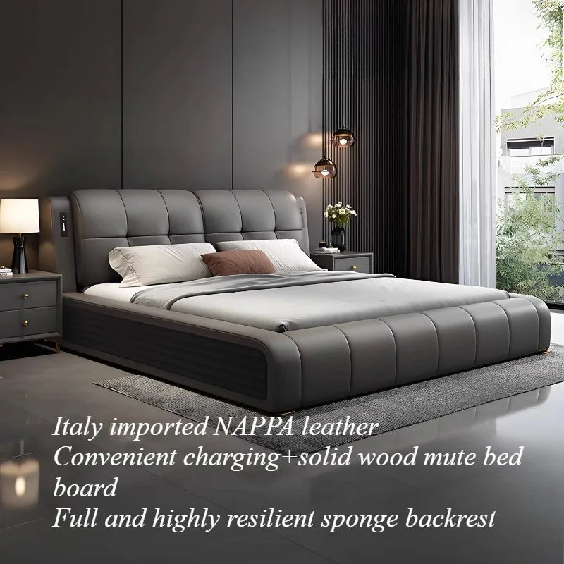 lit moderne minimaliste bois simili cuir beige gris porte chargement lumière douce chambre coucher