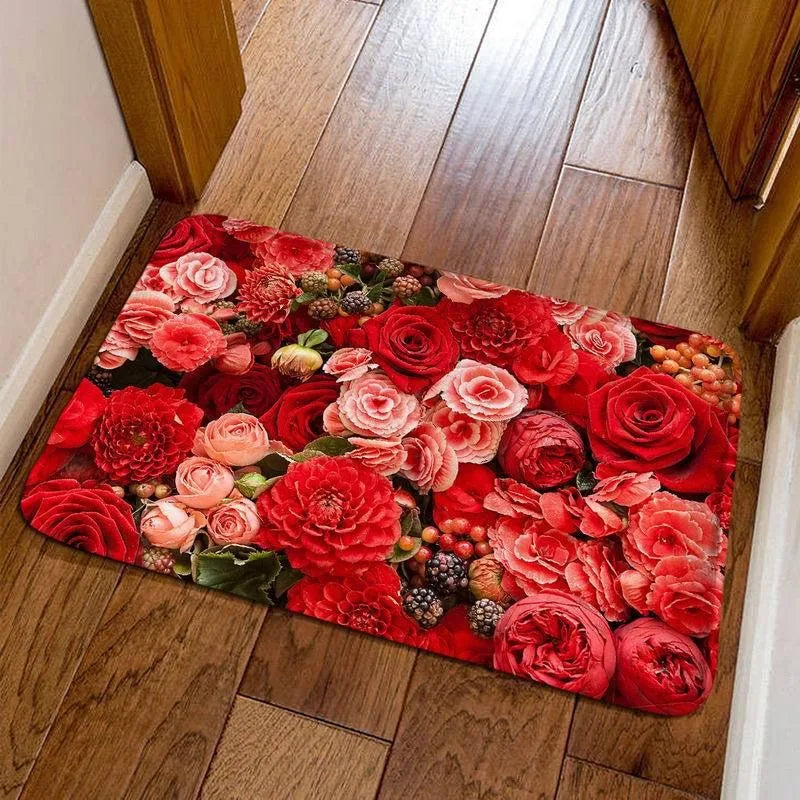 tapis sol intérieur extérieur motif fleurs roses antidérapant polyester moderne maison cuisine balcon